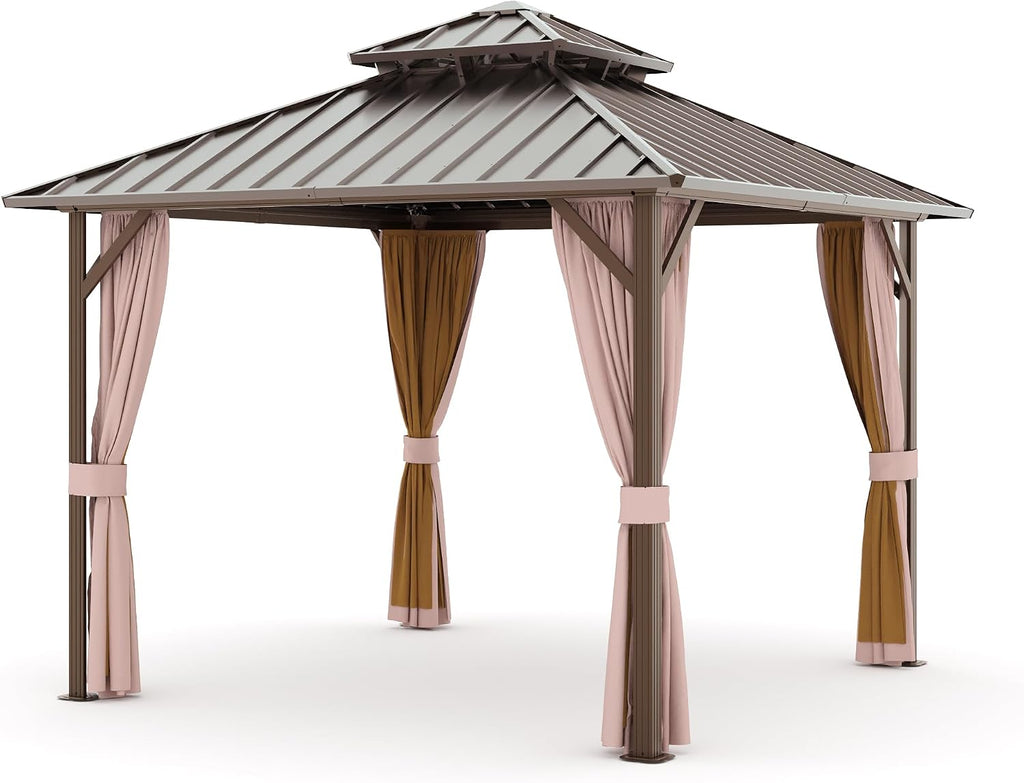 Joyside 10' X 10' Double-Tier Hardtop Gazebo, Aluminum Metal Gazebo with Iron Material Roof, Curtain and Netting, Permanent Gazebo Pavilion for Patio, Backyard, Deck, Lawn