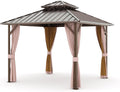 Joyside 10' X 10' Double-Tier Hardtop Gazebo, Aluminum Metal Gazebo with Iron Material Roof, Curtain and Netting, Permanent Gazebo Pavilion for Patio, Backyard, Deck, Lawn