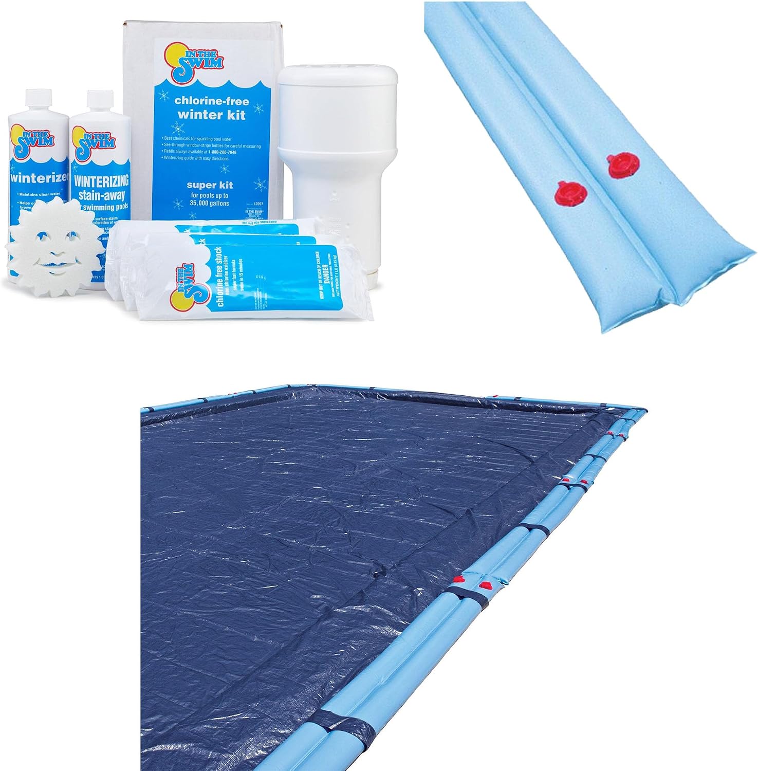In The Swim Swimming Pool Winterization Bundle: Includes a 18'x36' Rectangle Economy Swimming Pool Winter Cover, 35k Gallon Pool Winter Closing Kit, and 16 Double Chamber 8' Water Tubes