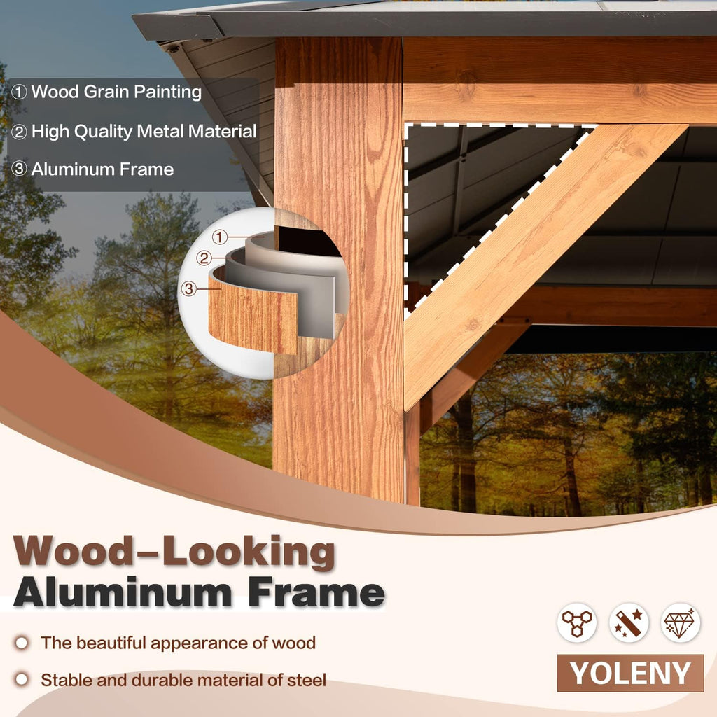 YOLENY 12' x 14' Hardtop Gazebo Ultra-Thick Columns and Beams with Wood Grain Aluminum Frame, Dual Material Double Roof, Outdoor Gazebo with Netting and Curtains for Deck, Backyard and Patio