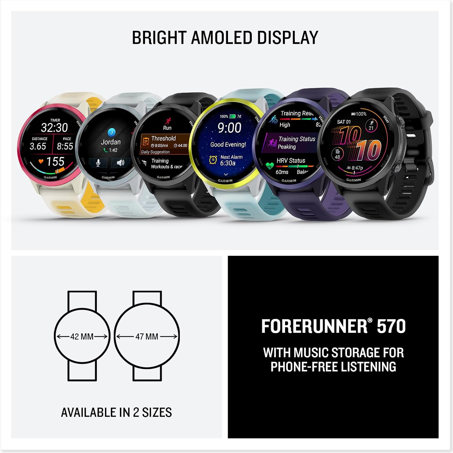 Garmin® Forerunner® 570, 42mm, Advanced GPS Running and Triathlon Smartwatch, AMOLED Display, Training and Recovery Features, Raspberry Aluminum with Translucent Bone/Mango Band