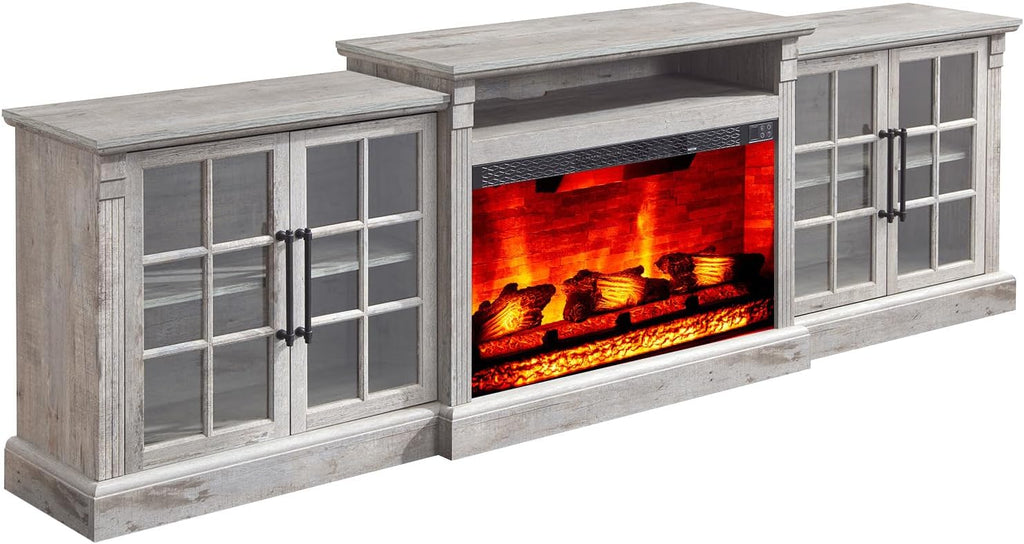 AMERLIFE 97' Farmhouse Fireplace TV Stand, Entertainment Center with Large Storage Space and Adjustable Shelf, Media Console for Living Room, Light Grey