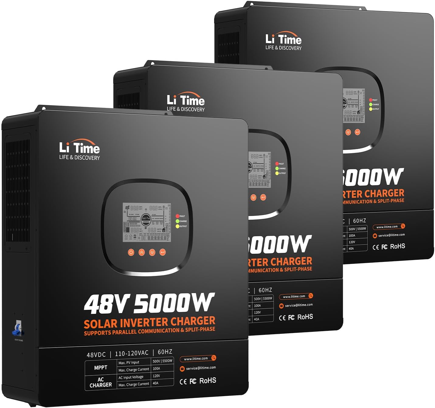 LiTime 15000W Solar Hybrid Inverter Charger (3 Pack), 48V DC to 120/240V Split Phase System, 3×5000W Pure Sine Wave Inverters, Built-in 3×100A MPPT Controllers for Whole House & Commercial Use