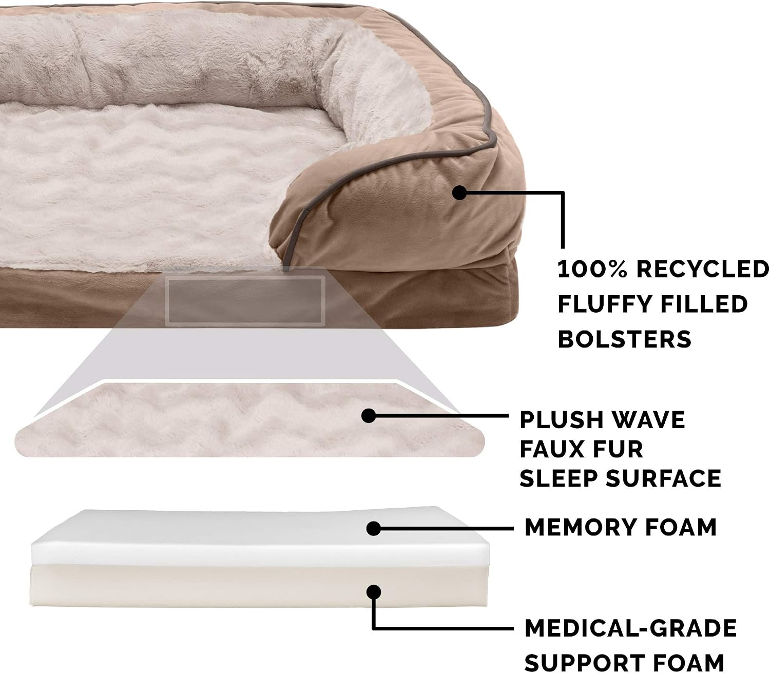 Furhaven Memory Foam Dog Bed for Large Dogs w/ Removable Bolsters & Washable Cover, For Dogs Up to 125 lbs - Plush & Velvet Waves Perfect Comfort Sofa - Brownstone, Jumbo Plus/XXL