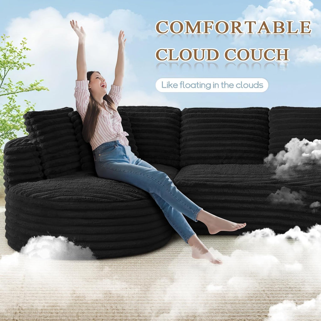 120'W Oversized Modern Curved Cloud Couch,Corduroy Modular Sectional Sofa with Chaise, L Shaped Boneless Couch, Compression Foam Sofa for Living Room Bedroom, No Assembly Required(Left Facing, Black)