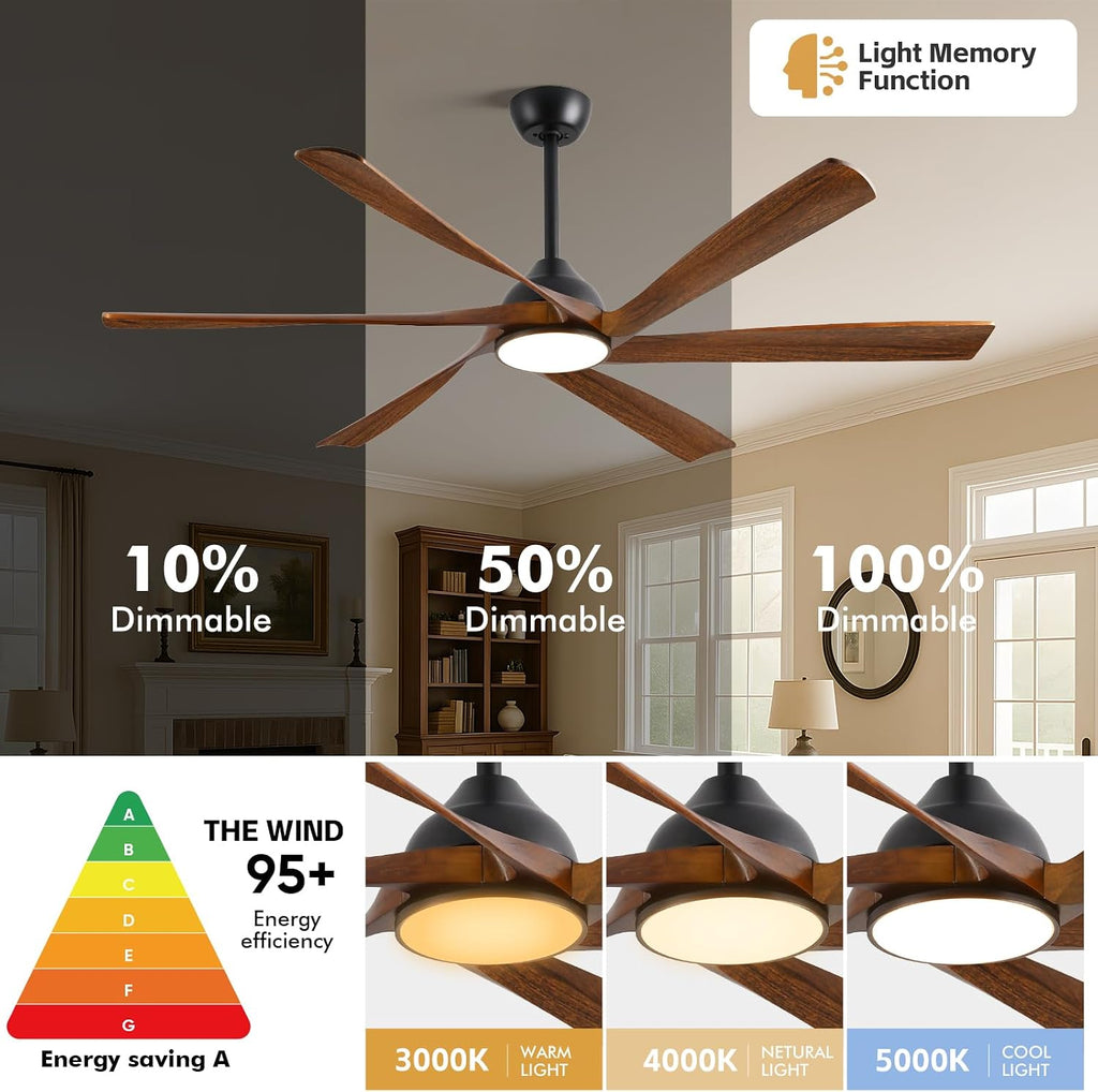 60 Inch Outdoor Ceiling Fan with Light and Remote, Rustic Farmhouse Smart Fan with WiFi App/Alexa Voice Control, 6 Solid Wood Blades, Quiet Reversible DC Motor, Damp Rated for Patio Bedroom