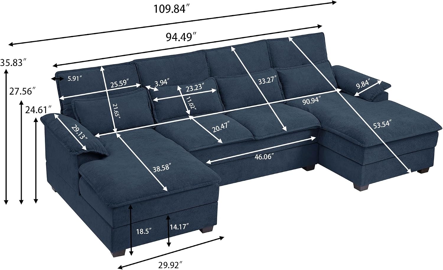 Sectional Cloud Couches for Living Room, 109' U Shaped 4 Seat Comfy Sofa with Double Chaises, Deep Seat Convertible Couch with 2 Layer Seat Cusions Waist Pillows Polyster Fabre, Blue