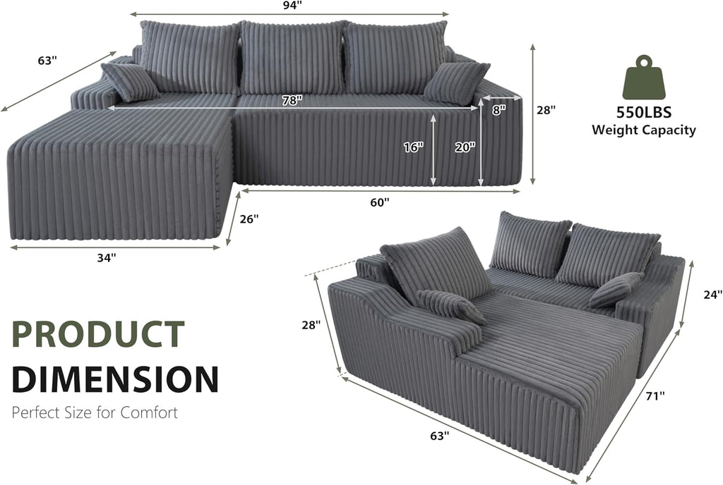 HABUTWAY 94'' Cloud Sectional Couch, Boneless Sofa with Deep Seat, Modular Comfy L-Shape Couch with Chaise for Living Room Bedroom, No Assembly Required(Grey,Left Facing Chaise)