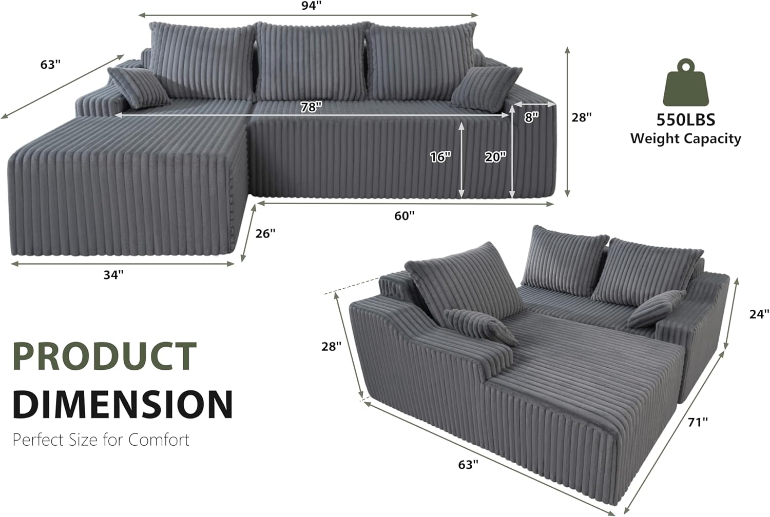 HABUTWAY 94'' Cloud Sectional Couch, Boneless Sofa with Deep Seat, Modular Comfy L-Shape Couch with Chaise for Living Room Bedroom, No Assembly Required(Grey,Left Facing Chaise)