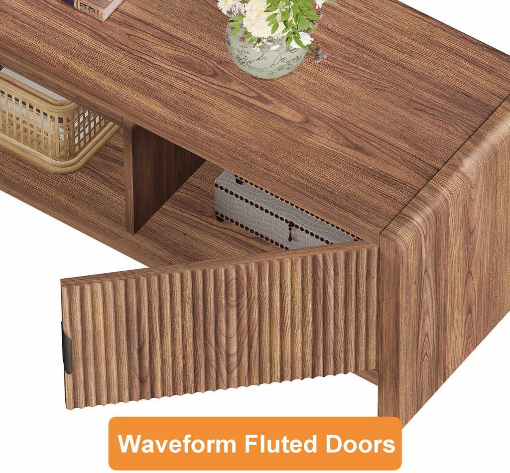 FATORRI TV Stand for 75/65/55 Inch TVs, Farmhouse Entertainment Center with Storage, Wood Waveform Fluted-Door Television Media Console for Living Room,Bedroom (63' W, Walnut)