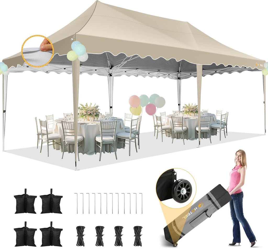 HOTEEL 10×20 Pop Up Canopy, Canopy Tent UV 50+ and Waterproof, Thickened Frame, Large Space Easy Pop Up Canopy, Outdoor Canopy for Weddings, Beaches, Parties, Patio (Khaki)