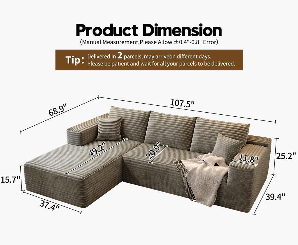 107.5' Cloud Modular Sectional Sofa Couch with L-Shape Chaise,Modern Minimalist Upholstered Couches for Living Room Bedroom,Deep Seat Corner Couch，No Assembly Required (Camel,Left Facing Chaise)