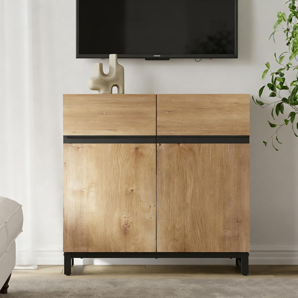 WAMPAT Modern TV Stand for TVs Up to 40 Inch, Entertainment Center Media Console with Adjustable Shelves & Metal Base for Living Room or Bedroom, Oak
