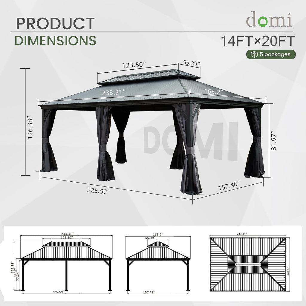Domi 14' X 20' Hardtop Gazebo, Upgraded Metal Gazebo with Dual-Layer Resin Roof, Drainage System, Curtain and Netting, Outdoor Shelter Canopy for Patio, Garden, and Backyard, Grey