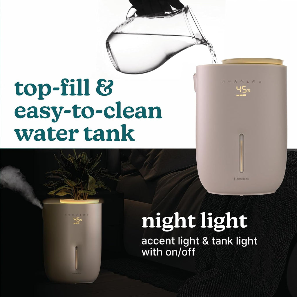 Homedics Natura Ultrasonic Warm & Cool Mist Humidifier, 1.3-Gal for Large Rooms, 60-Hr Runtime, Plant Holder, Programmable Humidity, Auto Shutoff, Nightlight Small Pot Compatible(Plant Not Included)