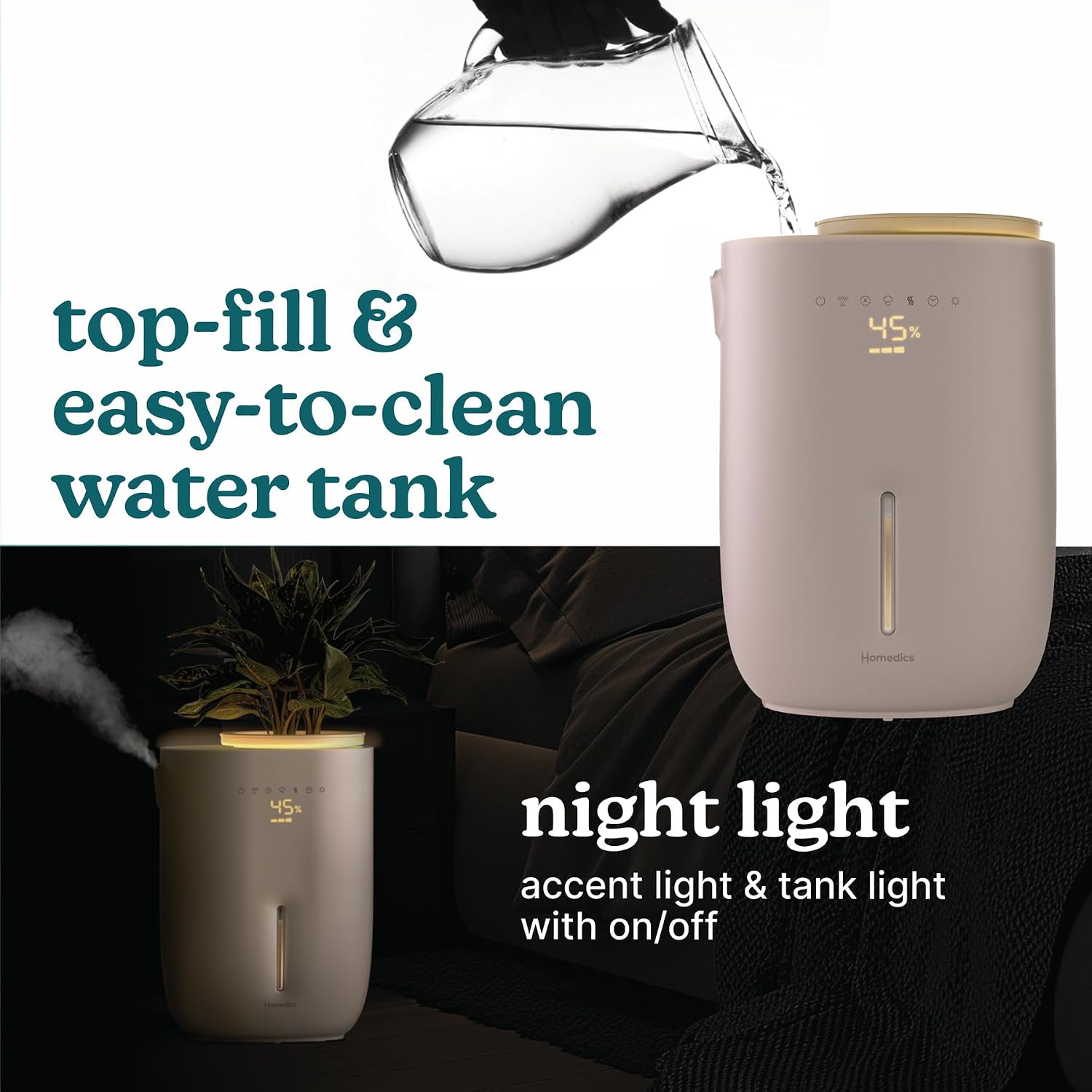 Homedics Natura Ultrasonic Warm & Cool Mist Humidifier, 1.3-Gal for Large Rooms, 60-Hr Runtime, Plant Holder, Programmable Humidity, Auto Shutoff, Nightlight Small Pot Compatible(Plant Not Included)
