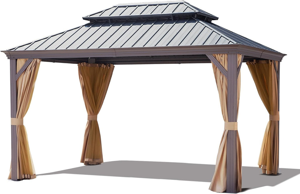 Joyside 10' X 14' Double-Tier Hardtop Gazebo, Aluminum Metal Gazebo with Reinforced Galvanized Steel Roof Curtain and Netting, Permanent Gazebo Pavilion for Patio, Backyard, Deck, Lawn