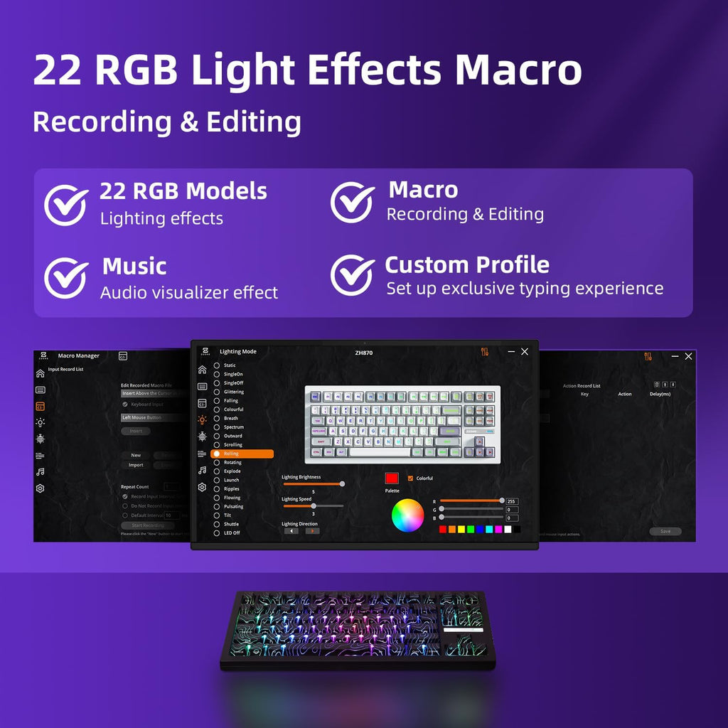 ZORNHER ZH870 Wireless Gaming Mechanical Keyboard,80% Black Custom Creamy Sound Keyboard with Lighted Up Black Topographic Keycaps,Creamy Sounding Linear Switches,Hot-Swappable,RGB Backlit