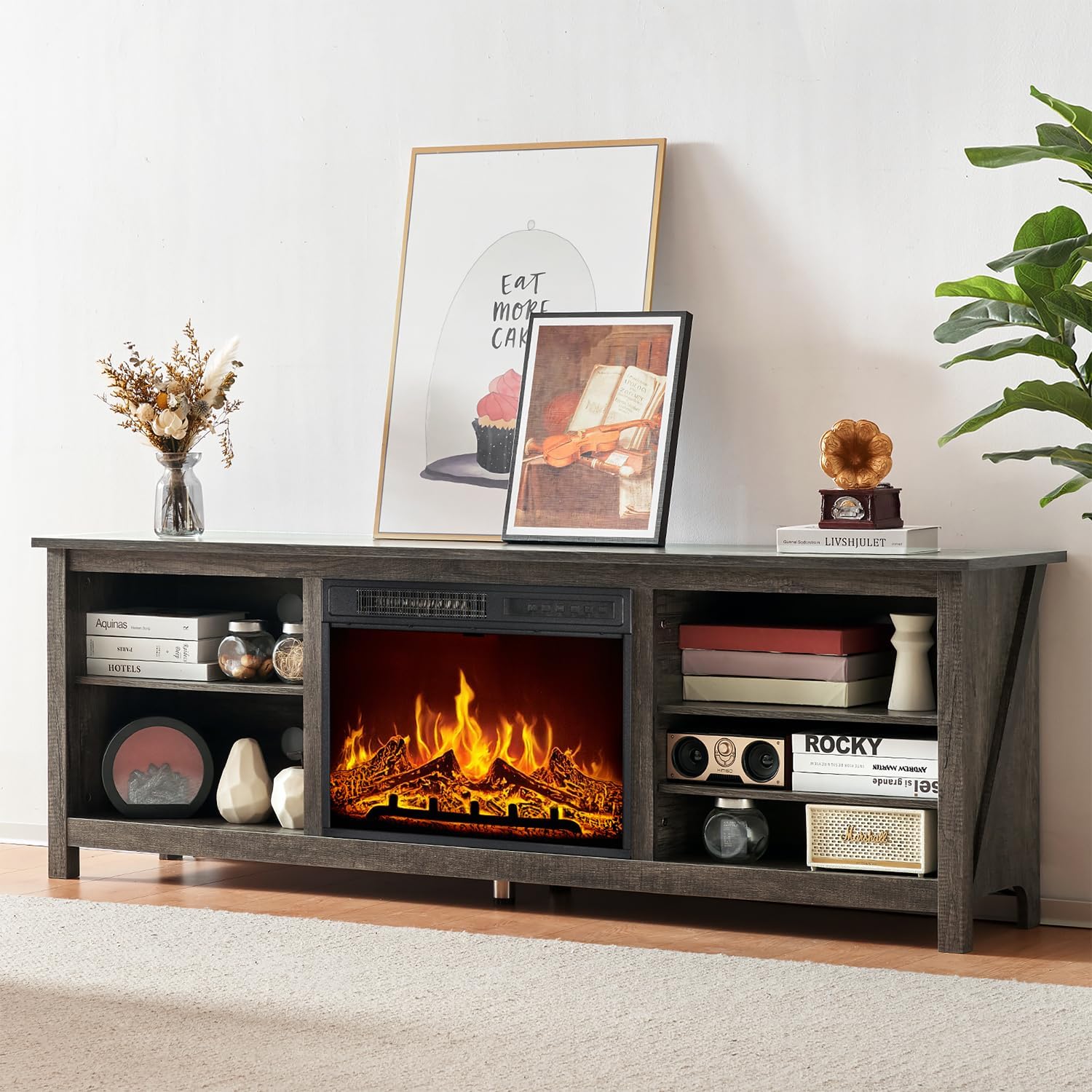 AMERLIFE Fireplace TV Stand, Wood Texture Entertainment Center with 23' Electric Fireplace, Farmhouse Entertainment Stand Media TV Console for TVs Up to 80', 70 inches, Rustic Grey