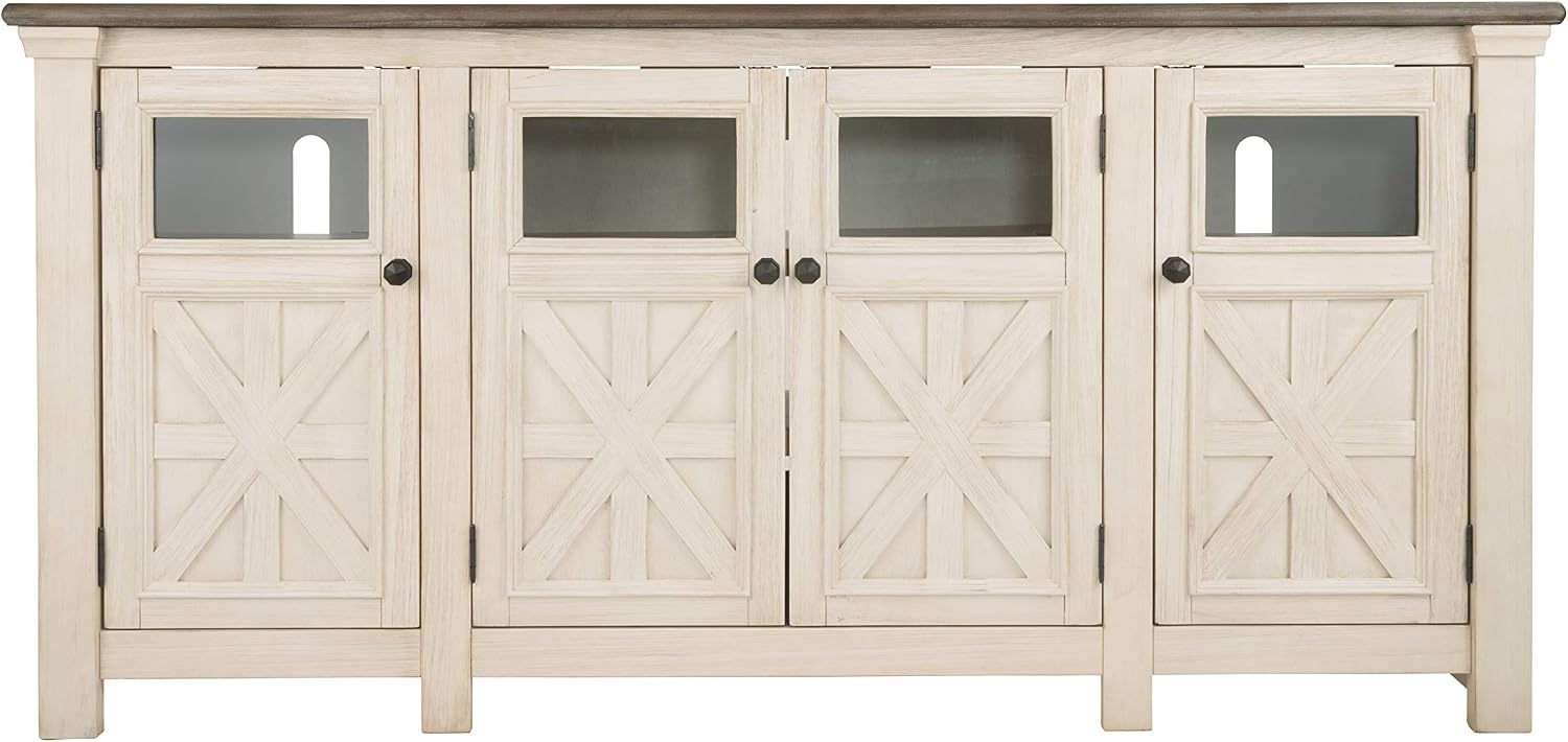 Signature Design by Ashley Bolanburg Extra Large TV Stand, Fits TVs up to 72', 3 Cabinets, Adjustable Storage Shelves, 74.13', Whitewash & 2-Tone Finish