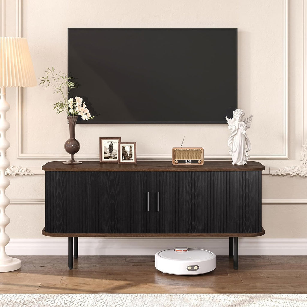 47' Modern Fluted TV Stand for TVs up to 60 Inch , Gaming Entertainment Center with Tambour Slatted Sliding Doors and Storage Cabinet, Media TV Consoles Table for Living Room, Office, Black