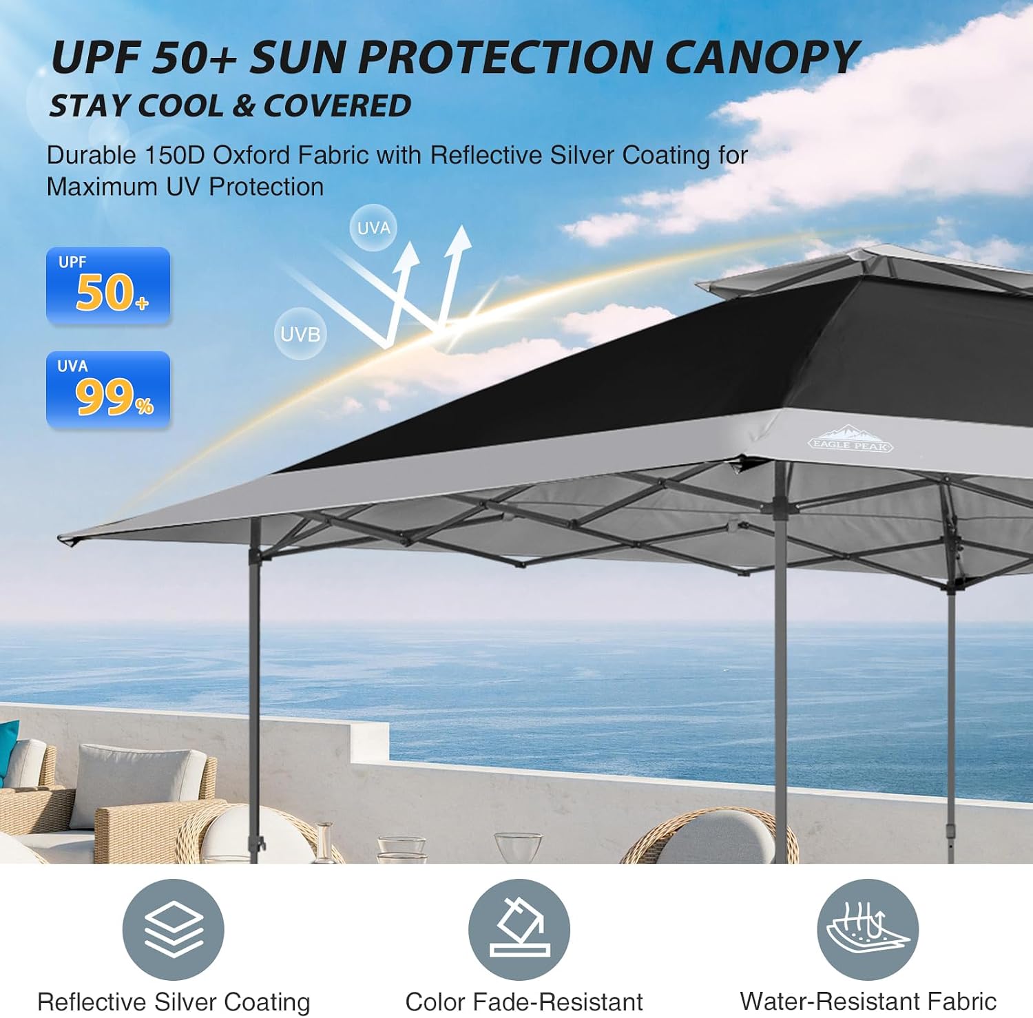 EAGLE PEAK 13x13 Straight Leg Pop Up Canopy Tent Instant Outdoor Canopy Easy Single Person Set up Folding Shelter w/Auto Extending Eaves 169 Square Feet of Shade (Black/Light Gray)
