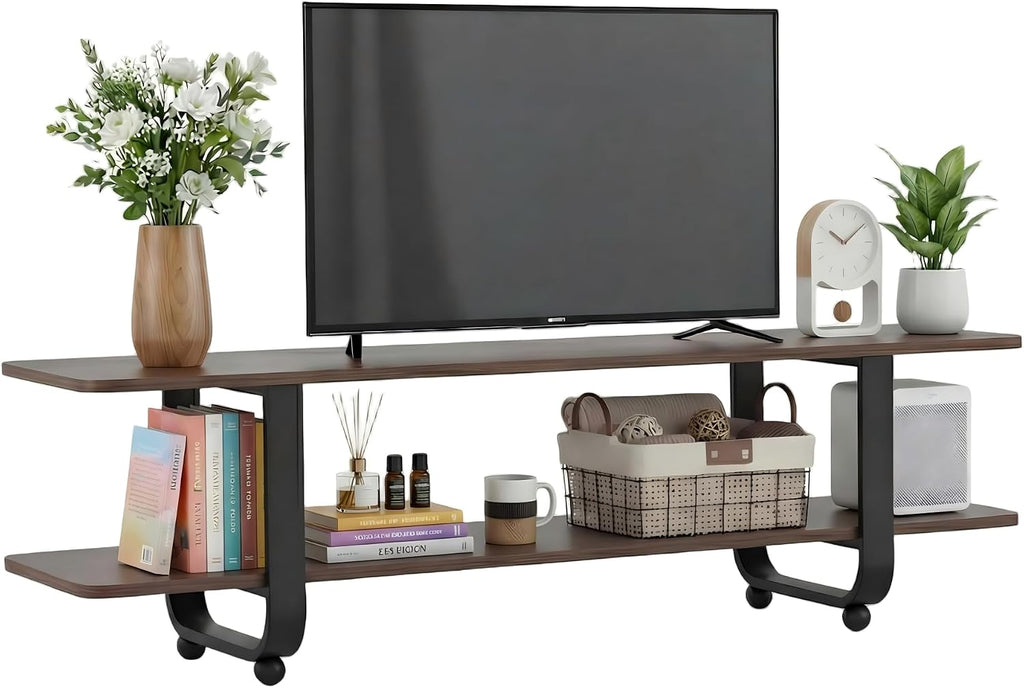 Welnow Walnut TV Stand for 65' TV, Mid Century Modern Entertainment Center with 2-Tier Open Shelves, Versatile Modern TV Console & Table for Living Room & Gaming