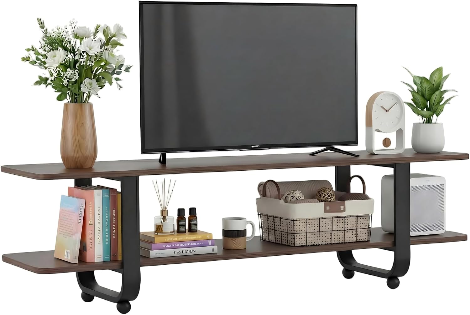 Welnow Walnut TV Stand for 65' TV, Mid Century Modern Entertainment Center with 2-Tier Open Shelves, Versatile Modern TV Console & Table for Living Room & Gaming