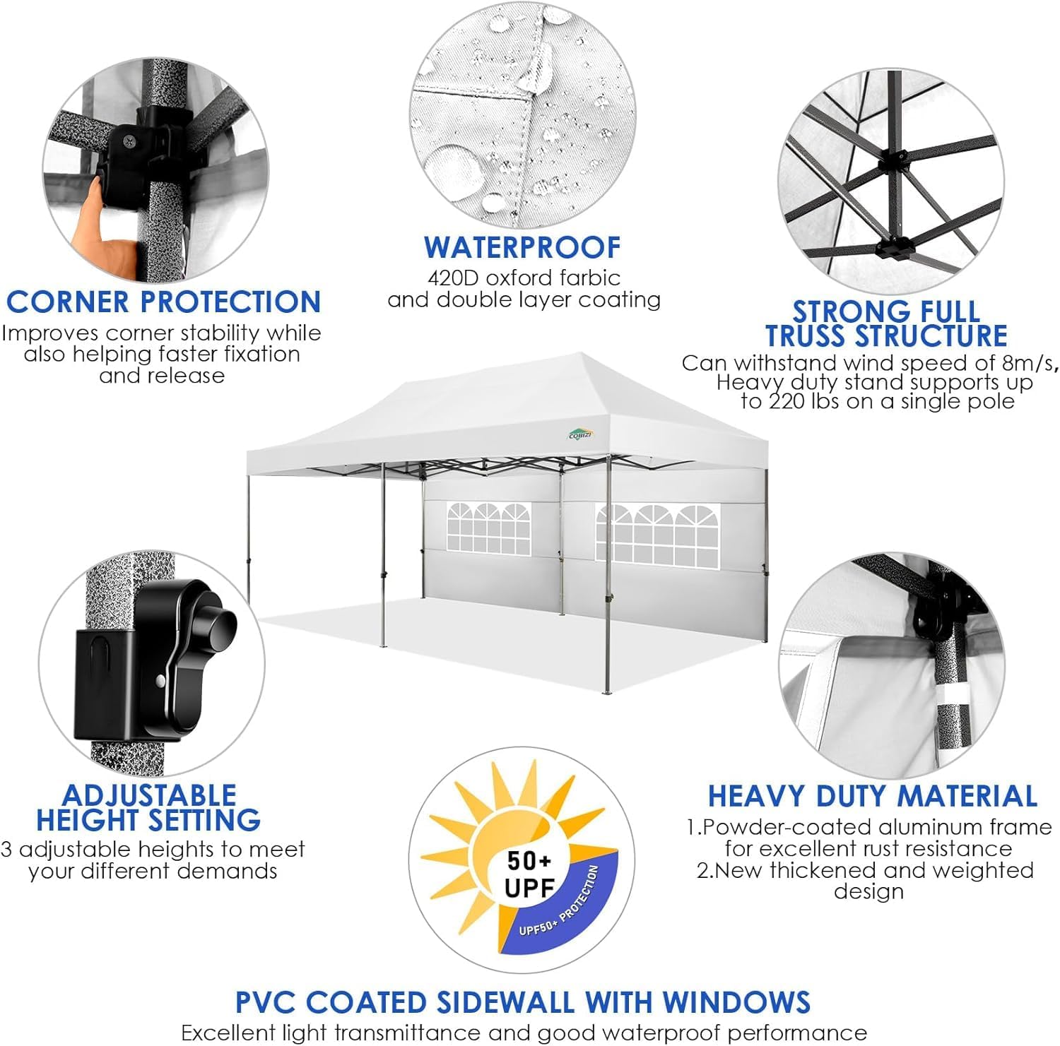 COBIZI 10x20 Canopy with Sidewalls, Heavy Duty Party Tent Pop up Canopy, Tents for Parties, Wedding, Outdoor Easy up Foldable Portable Canopy Tent with Wheeled Bag, White(Windproof Upgrade)
