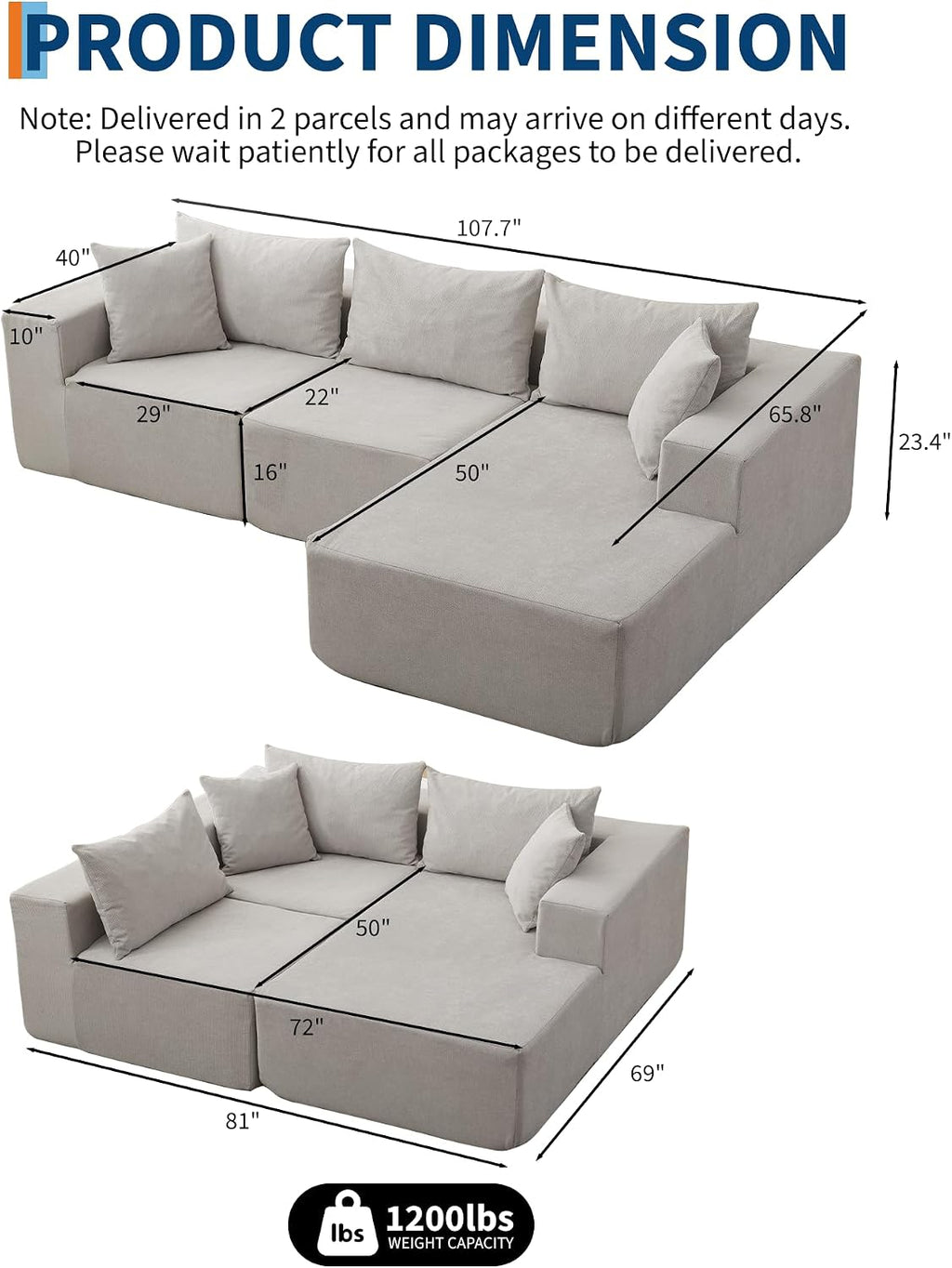 Garvee 108' Modular Sectional Sofa,Cloud Couch Sectional with Right Chaise | Fluffy Compressed l Shaped Sofa for Living Room | Boneless Couch & Sofa Bed Design,No Assembly Required, Beige