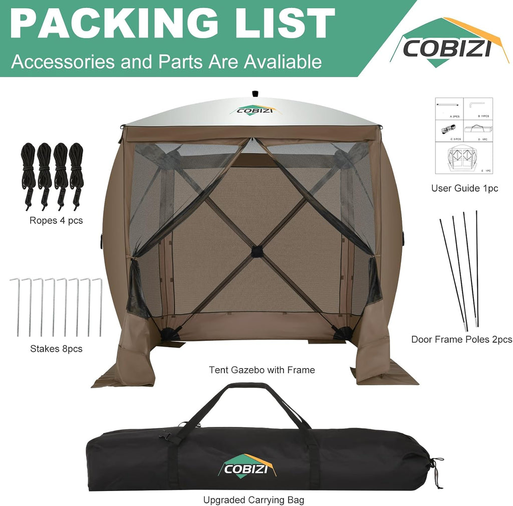 COBIZI 6x6 Pop up Gazebo Tent on Clearance, Ez up Waterproof Screen Tent Screen House with 3 sidewalls,Portable Outdoor Canopy with Carry Bag & Ground Stakes for Camping,Garden and Picnics, Brown