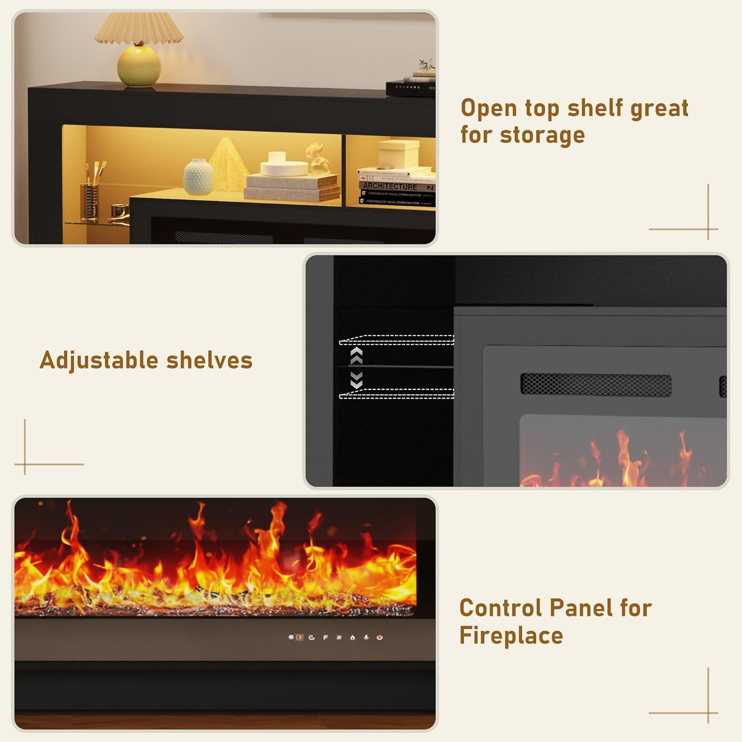 82' Modern High Gloss Fireplace TV Stand with 50' Fireplace, Entertainment Center with Electronic Flame and LED Lights, TV Console Cabinet, Black