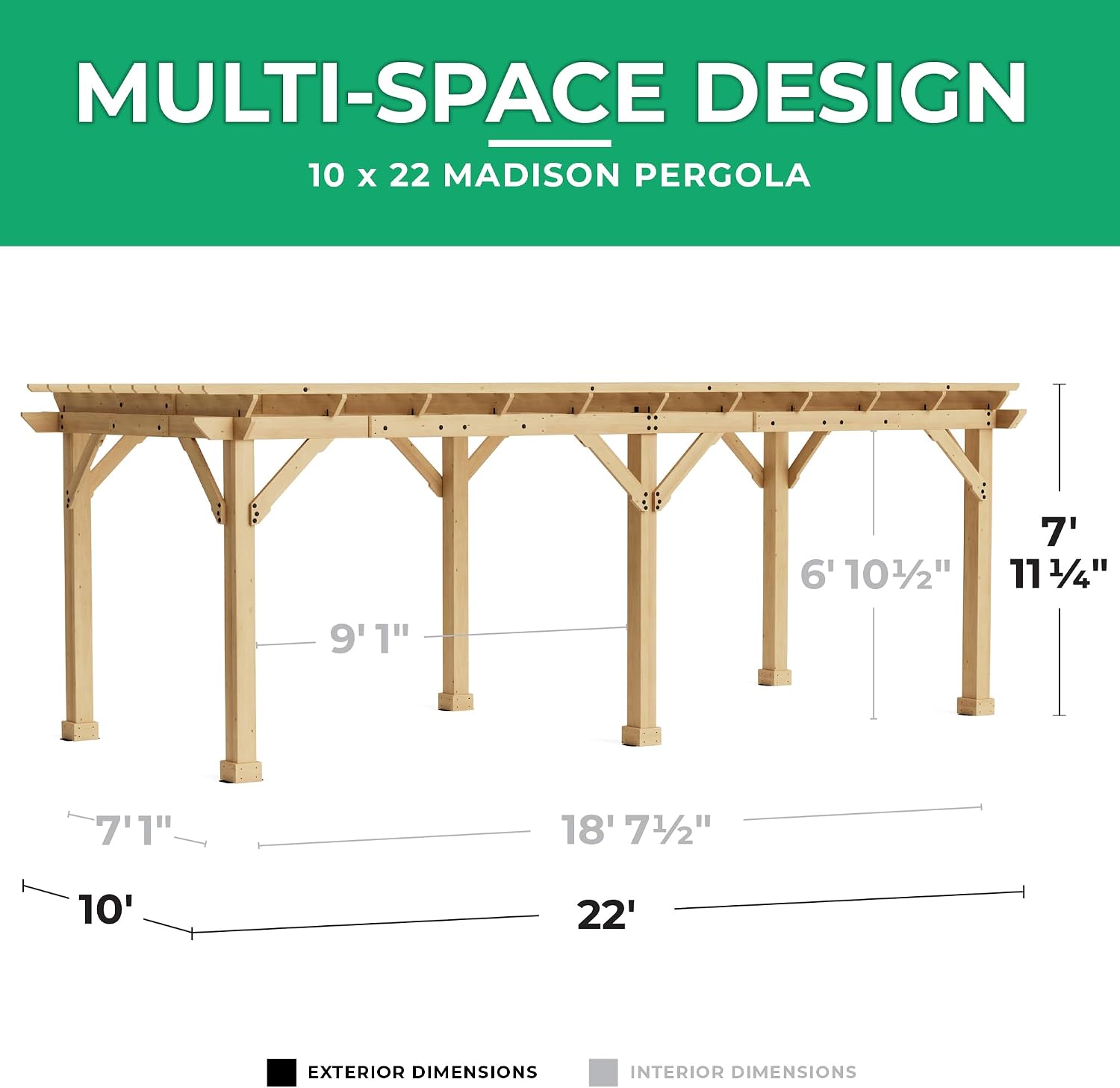 Yardistry 10 x 22 Meridian Cedar Wood Pergola for Patios, Decks, Garden, Backyard, Durable
