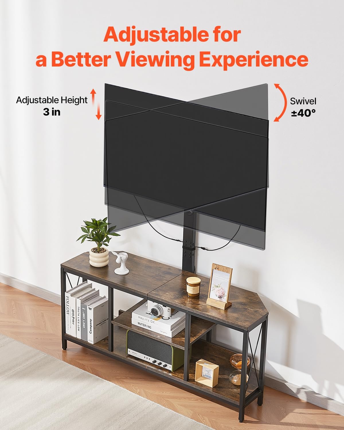 VEVOR 45' TV Stand with Mount for up to 75 in TVs, Entertainment Center with Power Outlet & LED Lights, Height Adjustable TV Console with Mount with 3 Tiers Storage Cabinets for Bedroom, Living Room