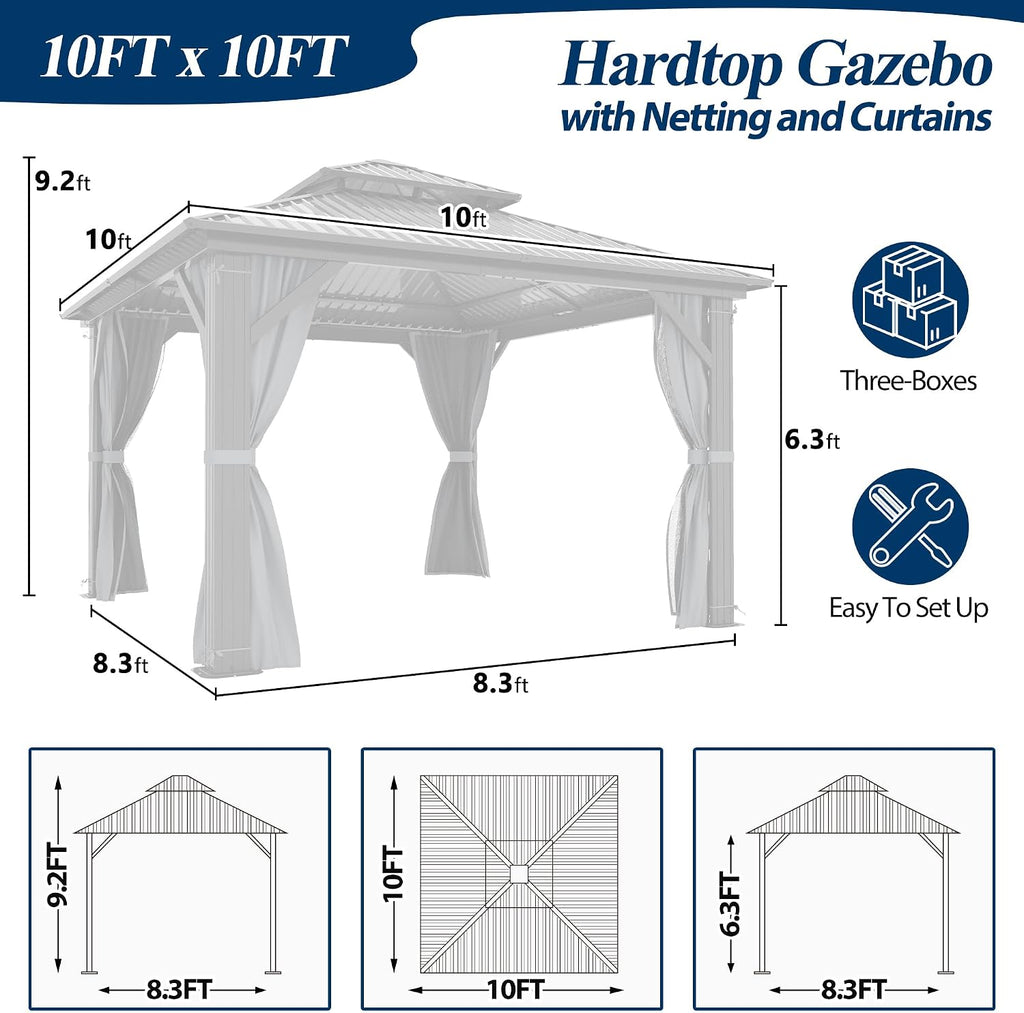 COVERONICS 10' x 10' Outdoor Hardtop Gazebo - Aluminum Heavy-Duty Double Roof Vented Gazebo with Breathable Netting & Privacy Curtains for Patio, Porch, Garden, Lawn