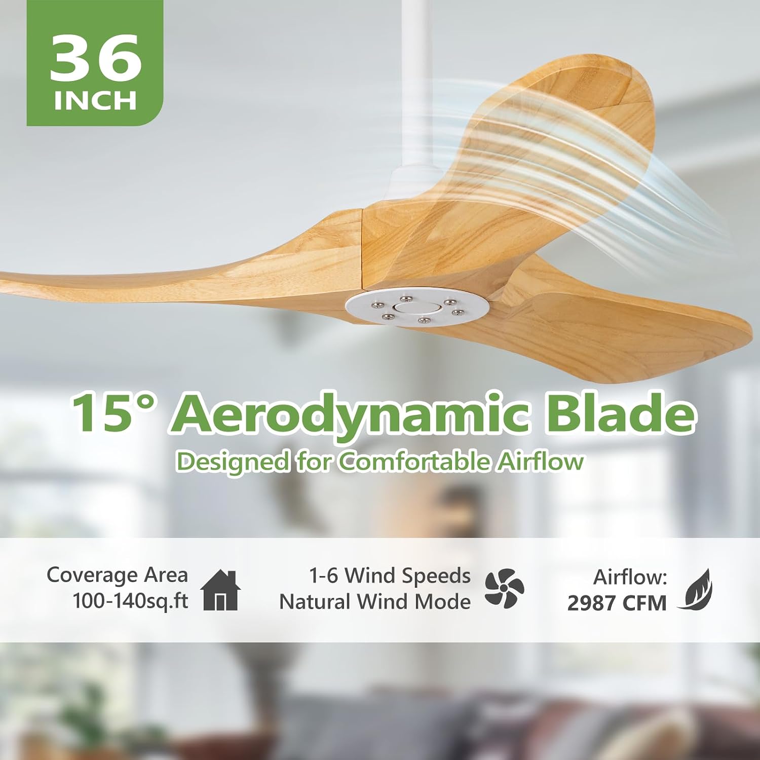 36 Inch Solid Wood Ceiling Fans without Light,Small Modern 3 Blade Quiet Dc Ceiling Fan For Slanted Ceilings, Rustic Wood Ceiling Fan For Gazebo With Wall Switch and Remote Control