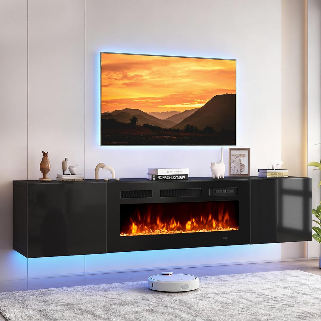 70'' Floating TV Stand with 36' Electric Fireplace, Wall Mounted Entertainment Center with Storage for TVs up to 80', Adjustable 12-Color LED Media TV Console for Living Room,All Black