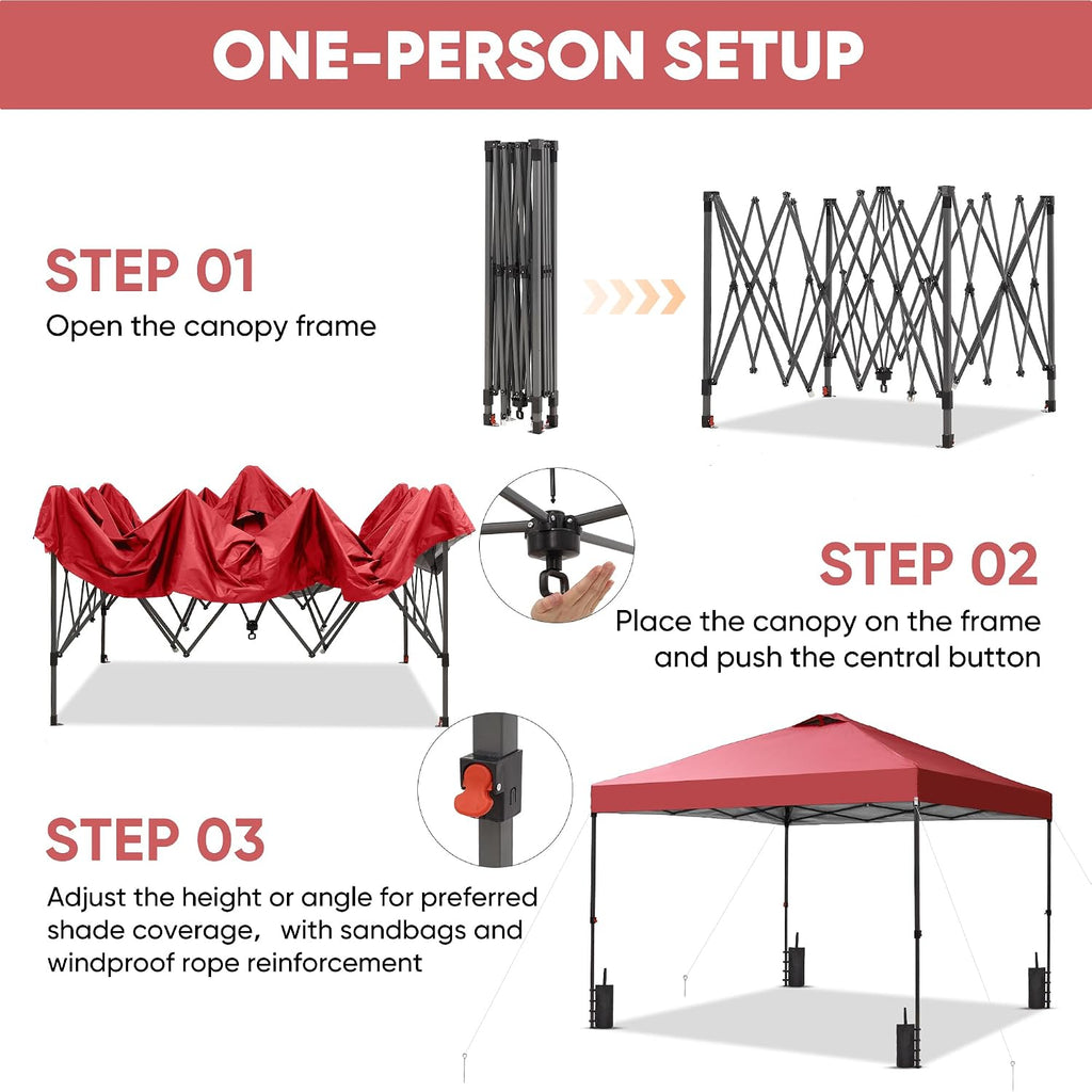 GDY 12x12 Pop Up Canopy Patio Carpas, One Push Set up with Central Lock Canopy with Wheeled Carry Bag, Included 4 Sandbaogs,8 Stakes and 4 Ropes, Red