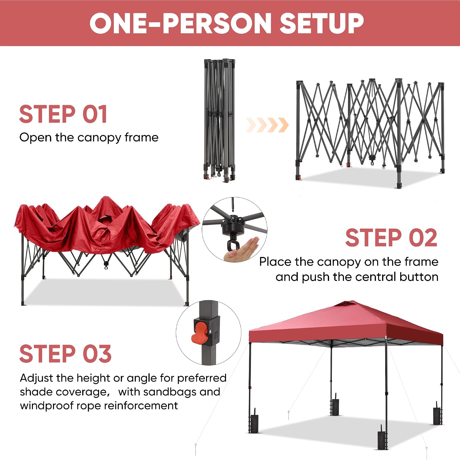GDY 10x10 Pop Up Canopy Patio Carpas, One Push Set up with Central Lock Canopy with Hand Carry Bag, Included 4 Sandbaogs,8 Stakes and 4 Ropes, Red
