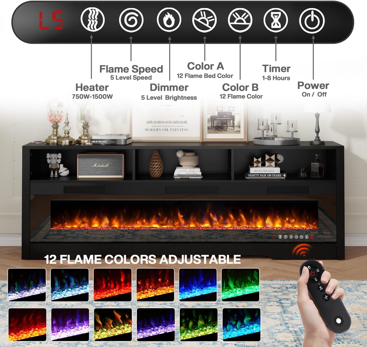 PRETZI 65' Fireplace TV Stand with 60' Glass Electric Fireplace for TVs Up to 75 inch, Modern Fireplace Entertainment Center with Open Storage Shelf, Media Console TV Cabiet for Living Room, Black