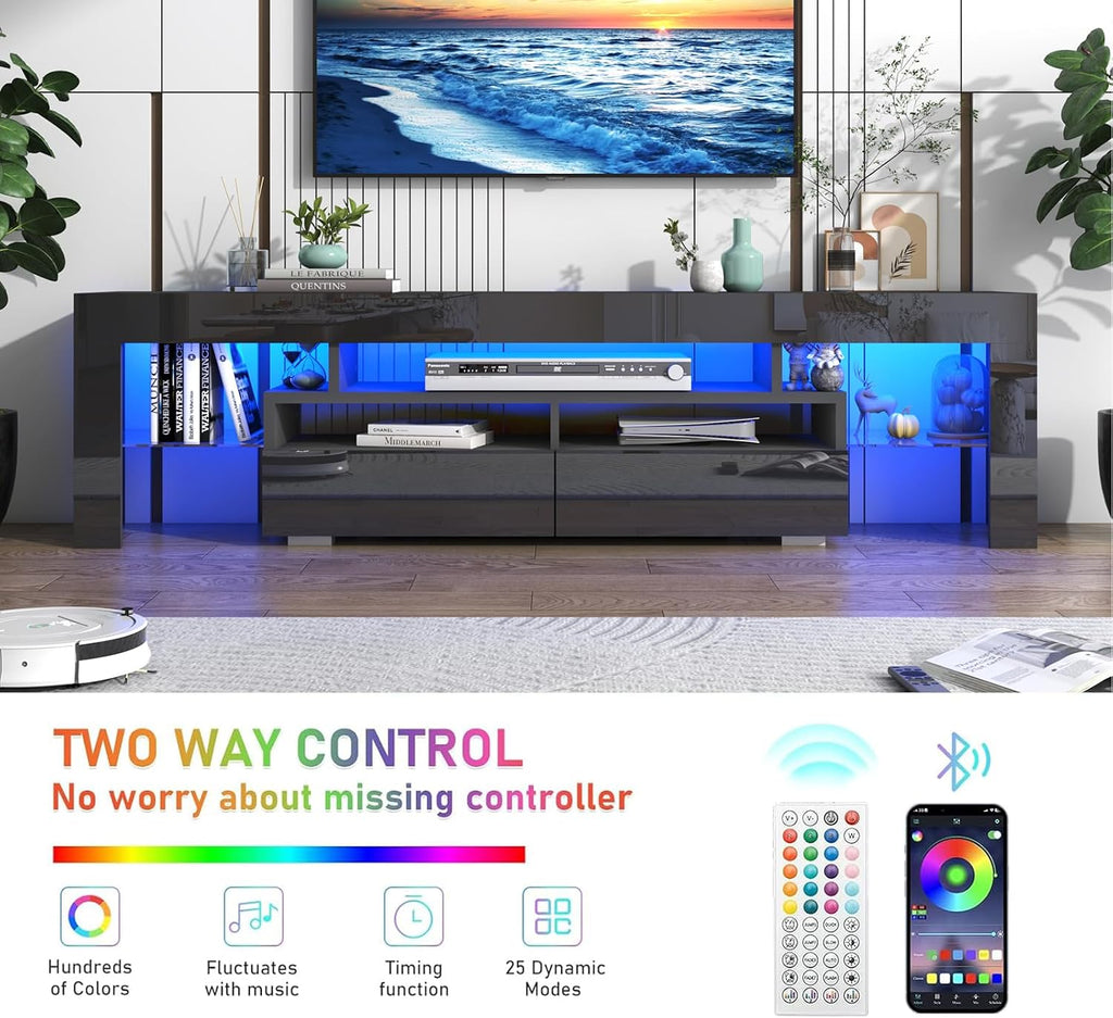 Vinctik 6&Fox Black TV Stand for 55/60/65inch TV,Modern Entertainment Center with 2 Storage Drawers and LED Light, High Glossy TV Console Table Media Furniture(63inch Black)