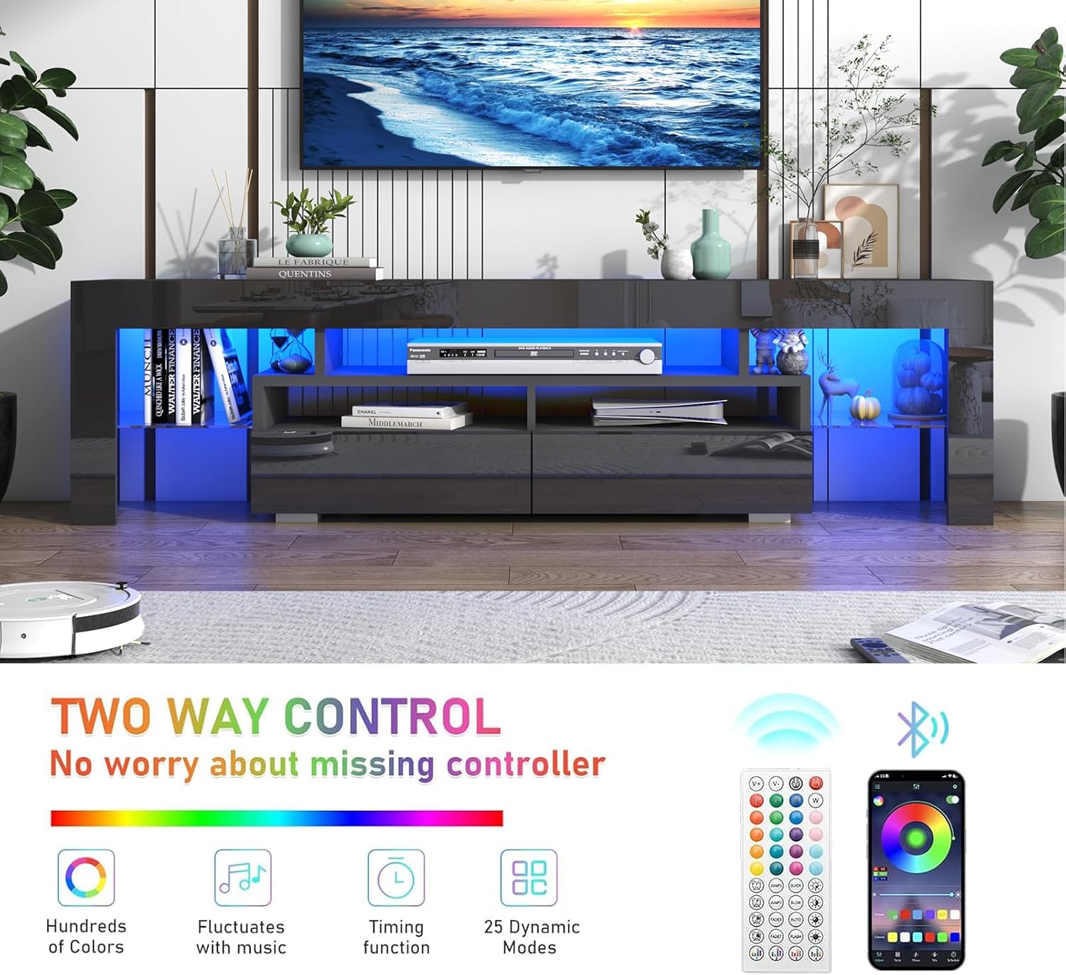 Vinctik 6&Fox Black TV Stand for 55/60/65inch TV,Modern Entertainment Center with 2 Storage Drawers and LED Light, High Glossy TV Console Table Media Furniture(63inch Black)