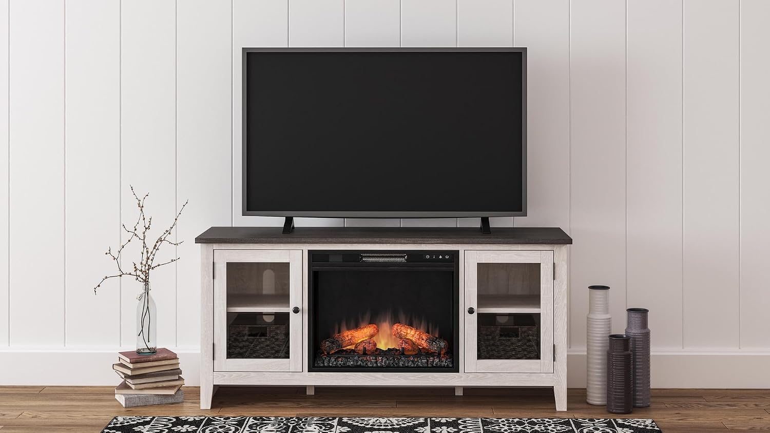 Signature Design by Ashley Dorrinson Farmhouse TV Stand with Fireplace Option, Fits TVs up to 58', Whitewash