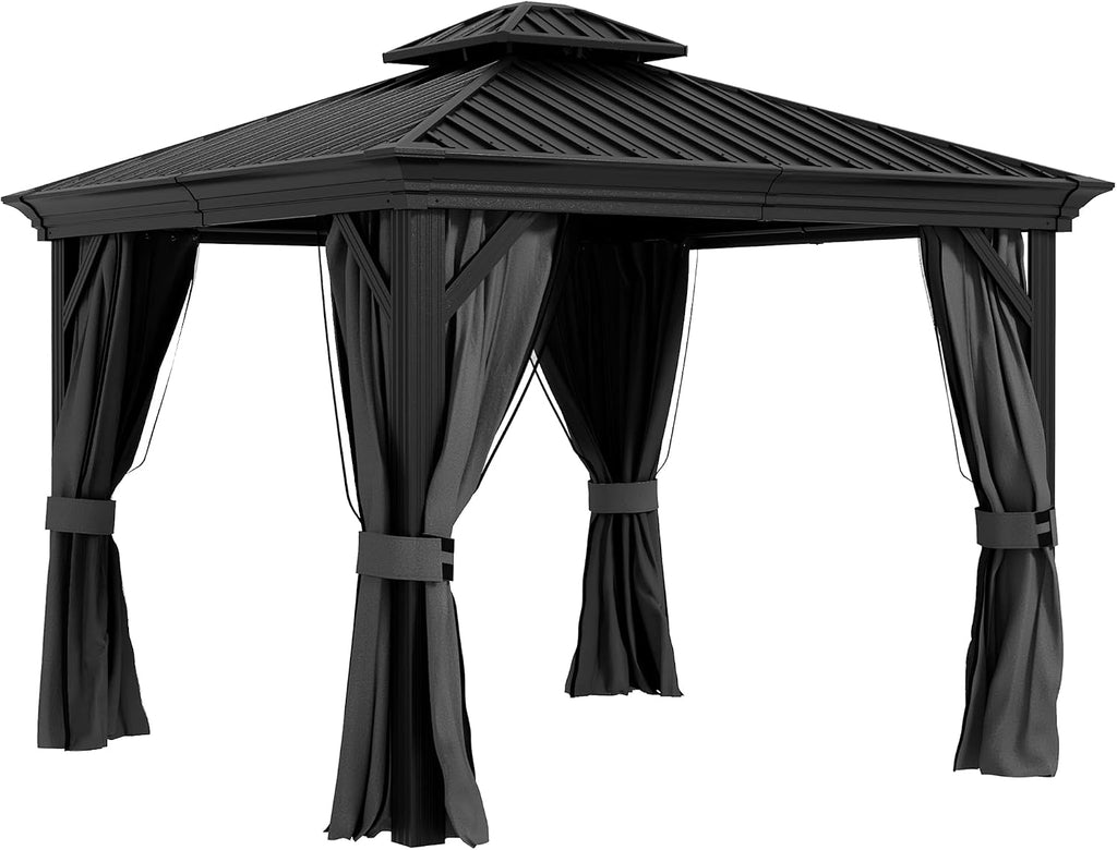 Outsunny 10' x 10' Hardtop Gazebo with Curtains and Netting, Permanent Pavilion Metal Double Roof Gazebo Canopy with Aluminum Frame and Hooks, for Garden, Patio, Backyard, Light Gray
