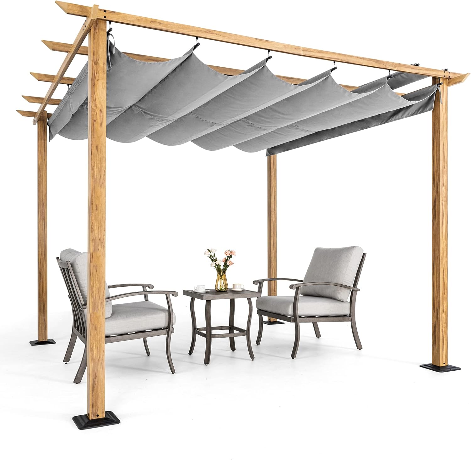 HAPPATIO 10' X 10' Pergola Retractable Canopy for Backyard, Garden, Patio; Woodgrain-Look Aluminum Frame with Retractable Pergola Canopy, Includes Anchors and Expansion Screws (Grey)