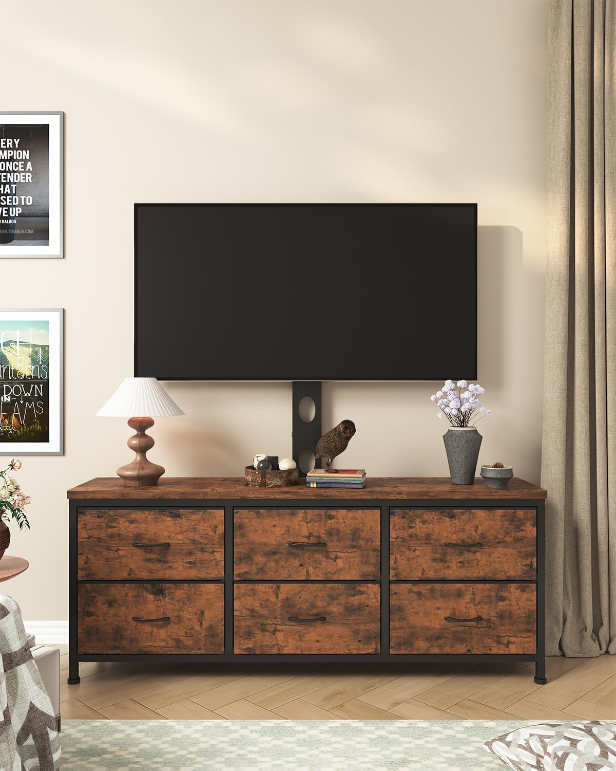TV Stand with Mount, Fabric Dresser with 6 Drawers for 32/45/55/60/65/75 inch TVs, Dresser Entertainment Center, Modern Media TV Console Table