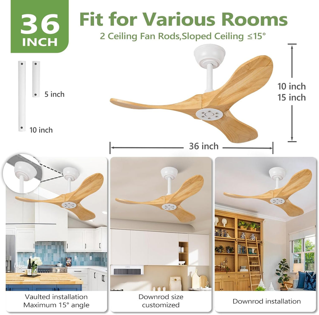 36 Inch Solid Wood Ceiling Fans without Light,Small Modern 3 Blade Quiet Dc Ceiling Fan For Slanted Ceilings, Rustic Wood Ceiling Fan For Gazebo With Wall Switch and Remote Control