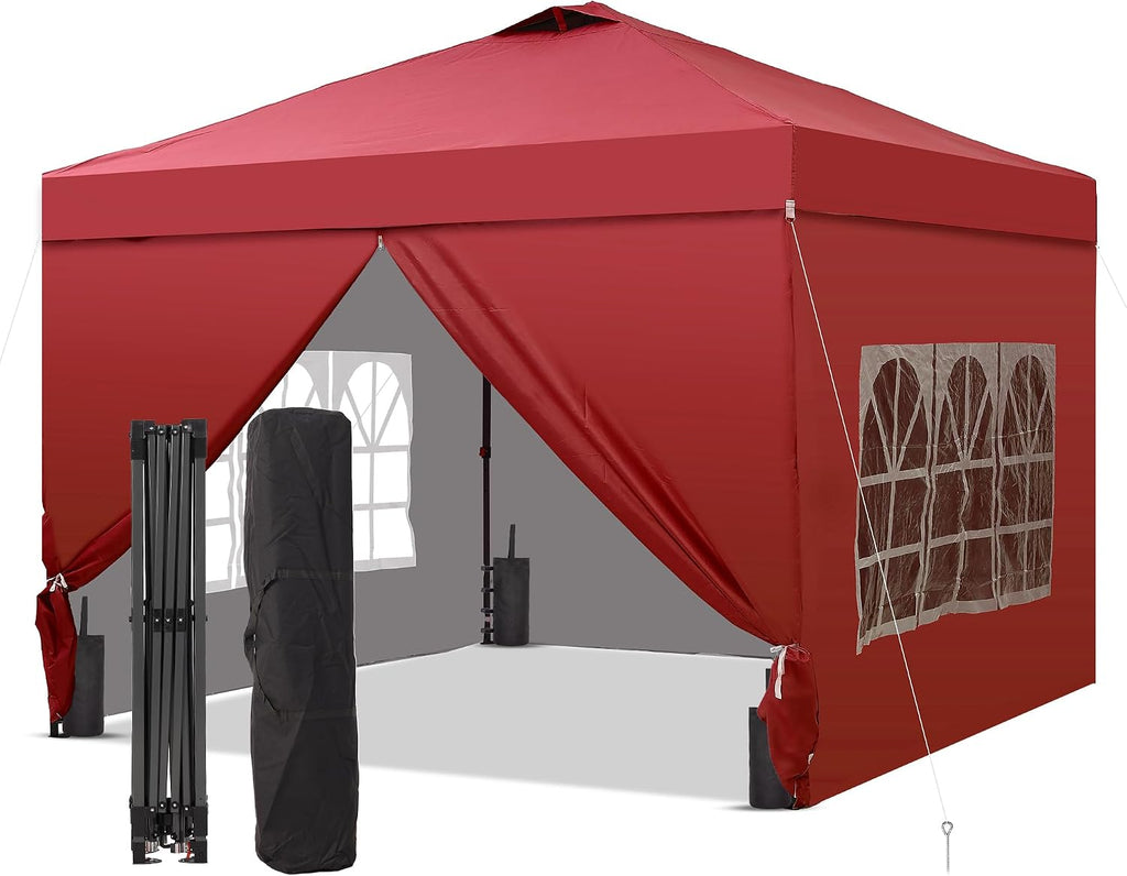 GDY 10x10 Pop Up Canopy Tent with 4 Sidewalls, Easy Set up with One Push Lift Outdoor Silver Coated Beach Gazebos, Carpas with 4 Sandbags, for Pool, Events, Parties, and Camping, Red.