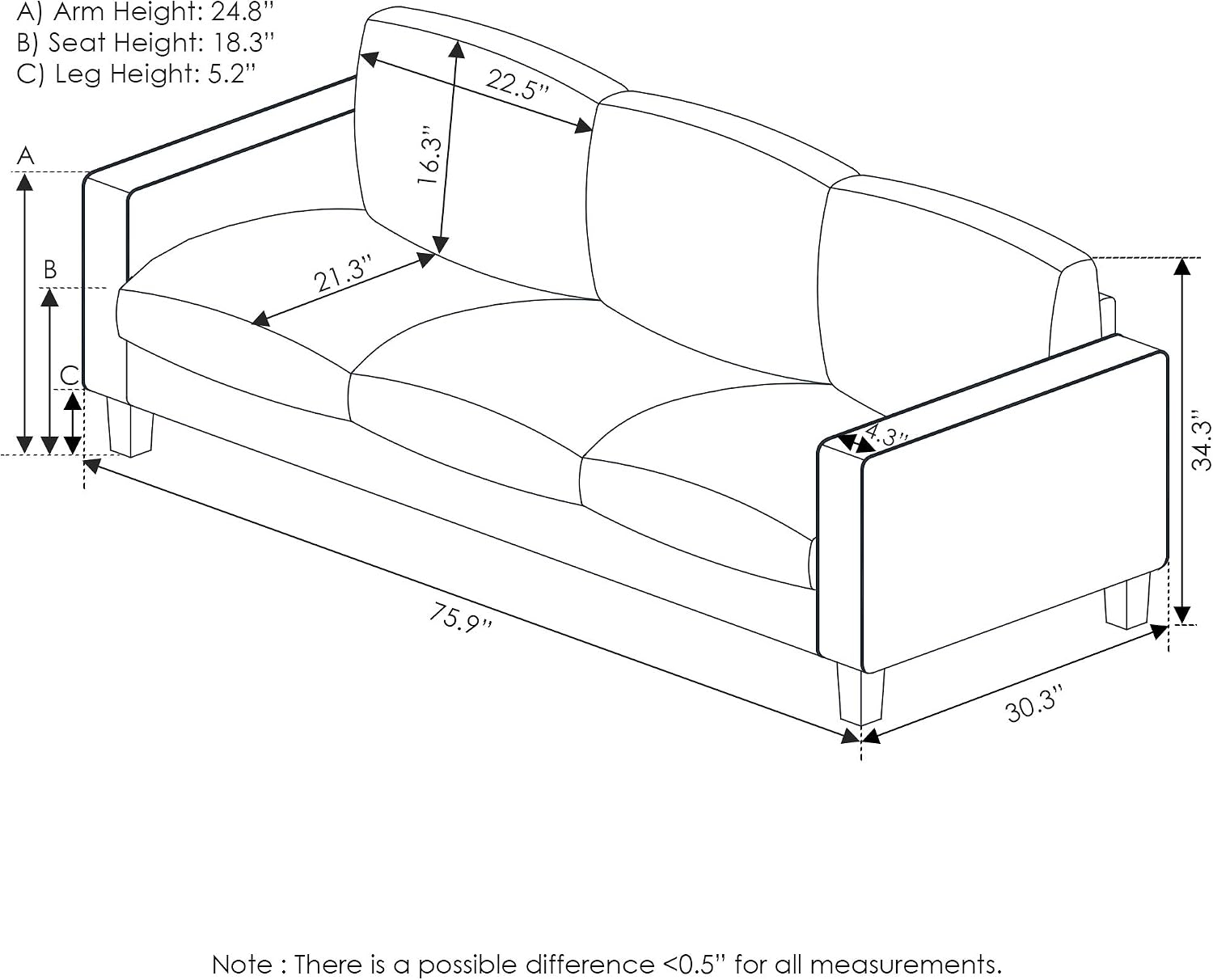 Furinno Bayonne Modern Upholstered 3-Seater Sofa Couch for Living Room, Fog