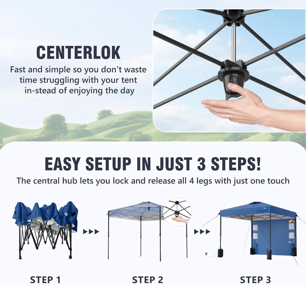 10X10 Pop Up Canopy Tent,Removable Pockets Sidewall for Extra Storage,Easy Up Canopy,Heavy Duty One Person Set Up Event Tent,Blue